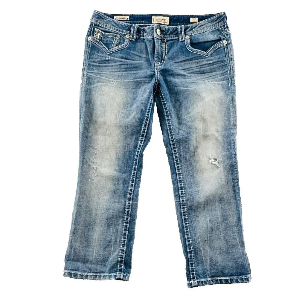 MEK Jhansi Women's Distressed Light Blue Capri 99% Cotton Jeans